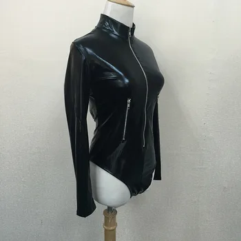 SEBOWEL Negru Faux din Piele Pu Body Femei cu Maneci Lungi cu Fermoar Bodycon Costume Noi de Primavara Toamna anului 2020 Corpului Feminin Haine