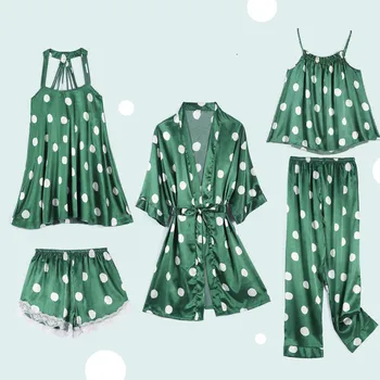 Lisacmvpnel Toamna Anului Nou Polka Dot Imprimare 5 Buc Costum Femei Pijamale Moda Sexy Pijamale