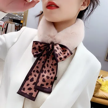 Femei De Moda De Iarnă Caldă Moale Faux Blana De Iepure Cu Guler Lung Și Îngust Scrisoare Leopard Imprimate De Mătase Slab Ring Eșarfă Cravată