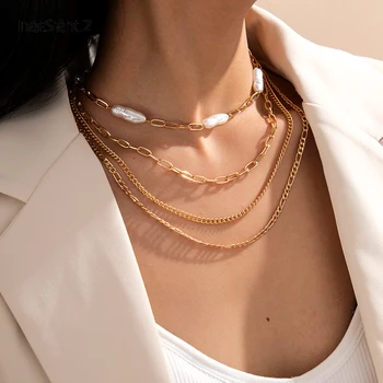 IngeSight.Z Mai Multe Straturi De Aur De Culoare Lanț De Link-Ul Cravată Coliere Vintage Neregulate Imitație Pearl Coliere Lungi Pentru Femei Bijuterii