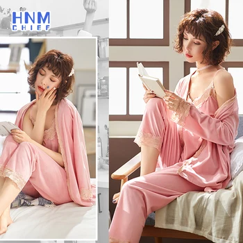HNMCHIEF de Iarnă Albastru Seturi de Pijamale 2020 Catifea 3 Piese Cald Halat Femei Sexy Lace Pijamale Pijamale Kit fără Mâneci îmbrăcăminte de noapte