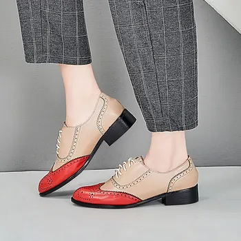 Pantofi pentru femei din Piele Brogues Doamna Apartamente Pantofi Vintage Handmade Adidași Roșu Maro Oxford Pantofi de piele de Oaie pentru Femei 2019