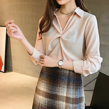 Femeile caise Bluze de Bază de Vânzare Butonul Solid 2020 toamna cu Maneci Lungi Tricou Femei Șifon Femei Slim Plus Dimensiunea Îmbrăcăminte
