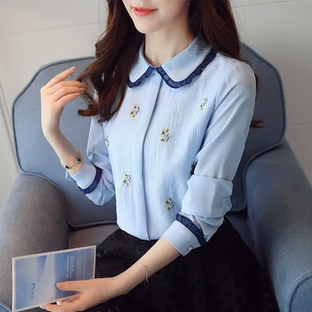 2020 toamna noul birou stand guler bowknot cămașă cu mâneci lungi coreean șifon cămașă de sex feminin broderie decorative topuri femeile