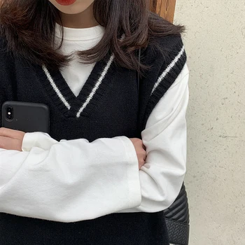 Vangull Femei Vesta Simplu All-meci Mozaic Stil coreean V-neck Pulover Tricotate de Agrement Student fără Mâneci Femei Vesta Vintage
