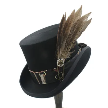 13.5 CM Top Femei Barbati Gri Steampunk Pălărie de Top, Cu Piele lucrate Manual din Lână Fedoras Șapcă / Pălărie Cilindru/ Capac de coș de fum