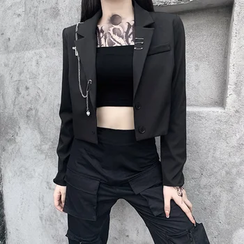 InsDoit Punk Birou Doamnă În Costum Negru Topuri Harajuku Streetwear Lanț De Metal Mozaic Costum Vintage De Toamna Cu Maneca Lunga Topuri De Cultură