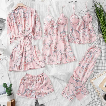 2019 5 Bucati De Primăvară Femei Sleepwear Sexy Lenjerie De Dantelă Pijamale Seturi De Floare De Imprimare Lenjerie De Sex Feminin Pijama Femei Cu Tampoane Piept