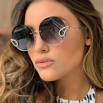 Moda Femei fără rame, ochelari de Soare Rotund din Metal 2020 nuante de Brand de Lux Stras ochelari de Soare pentru Femei Ochelari Lady Grey