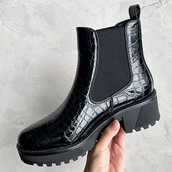 De Brand Nou Dropship Piatra Tipărite Platforma Toc Patrat Alunecare Pe Pantofi Pentru Femeie Cizme Glezna Moda Chelsea Cizme