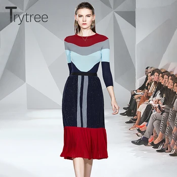 Trytree 2020 Toamna Iarna set de Două piese Casual, O-neck cu Lambriuri de Top + Fusta de Moda de Tricotat Mozaic Cutat Set 2 Piese Set