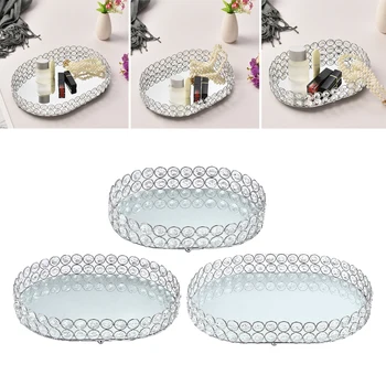 Metal Argint Oval Forma De Servire Masă De Toaletă Decorative Tava Sticla Oglinda Bază