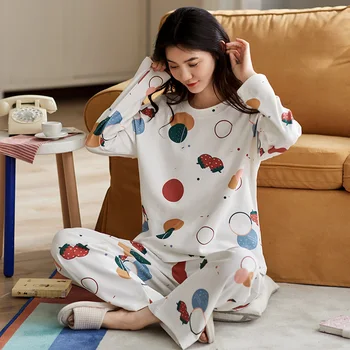 BZEL Desene animate Imprimate pentru Femei Seturi de Pijama Gât Rotund Pijama de Moda de sex Feminin Pijama Mâneci Lungi, Pantaloni Lungi Pijamale de Bumbac cămășuță de Noapte