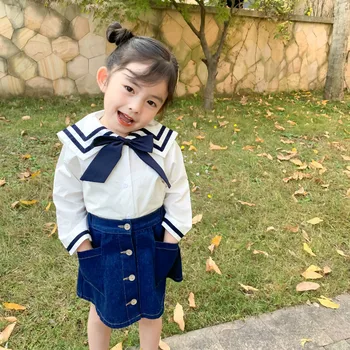 Primăvara New Sosire stil coreean bumbac stilul marinaresc cu maneca lunga all-meci tricou cu bowknot pentru moda drăguț copil dulce fetele