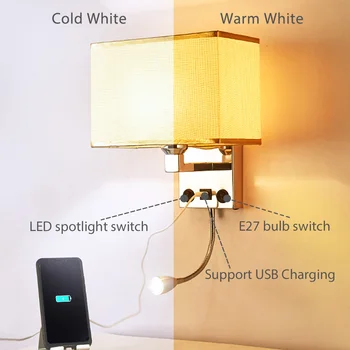 LED lumini de perete Tranșee în dormitor interior Perete Sconces Cu Comutator E27 Bec USB Black Modern Interioară Lampă de Noptieră Bordura