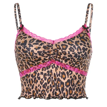 Leopard Imprimate Y2k Vară Fără Mâneci Trunchiate Petrecere Topuri Pentru Femei Backless Slab Estetice Topspink Dantelă Trim Sexy Topuri Rezervor