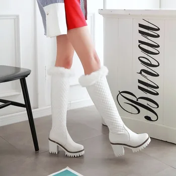 2020 Bumbac moda cizme impermeabile femei cizme genunchi ridicat toc Înalt cizme de iarna platforma pantofi blană femei alb negru