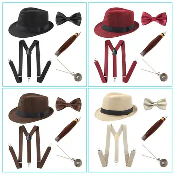 1920 Mens Cosplay Costum Gangster Set de Accesorii Manhattan Pălărie Bretele Pre-Legat Papion de Plastic Fals Trabuc Ceas de Buzunar