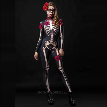 2020 Halloween Femei Cosplay Schelet Rose Print Salopeta Sexy Petrecere De Carnaval Performanta Copiii Diavolului Costume Înfricoșătoare