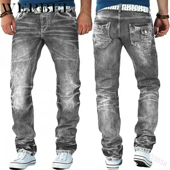 WEPBEL Moda pentru Bărbați Blugi Rupt Blugi Slim Fit Denim Cutat Blugi de sex Masculin Direct Retro Valul Pantaloni Jeans pentru Bărbați