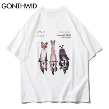 GONTHWID Tricouri Tricouri Streetwear Harajuku Vulpe Iepure Animal Print cu Maneci Scurte T-Shirt-uri Hip-Hop Casual de Bumbac Vrac Tricouri Topuri