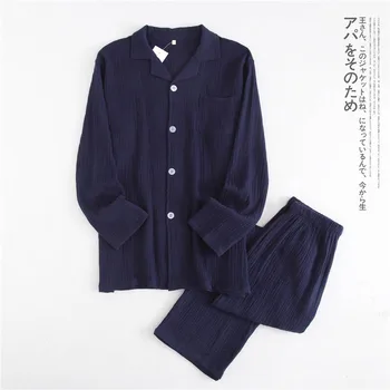 Toamna Și Primăvara Iubitorii de Tifon de Bumbac Stil Japonez Culoare Solidă Cupluri Pijama Set Complet Maneca+Pantaloni 2 buc Moale Homewear