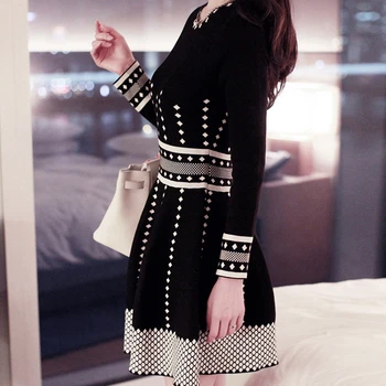 Moda Primavara Toamna Femei de Tricotat Rochie cu Talie Înaltă buline Elegante Rochie Pulover cu Maneci Lungi Roc Negru Rochii Mini