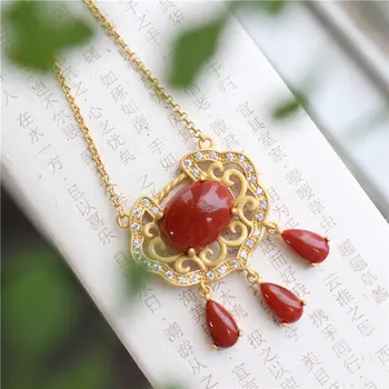 Naturale de sud roșu turmalina tassel Pandantiv Colier China Retro stil palat scobite de lux nobil femei bijuterii de argint