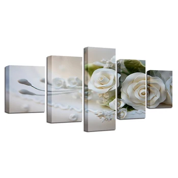 Panza HD Printuri de Imagini Modular de Perete Postere de Arta-Cadru 5 Bucăți Trandafiri Albi Flori Tablouri Pentru Living Decor Acasă