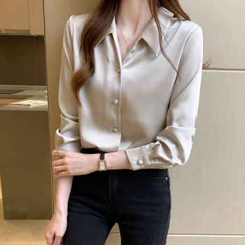 Coreea de Mătase pentru Femei Cămăși pentru Femei V-gât Satin Camasa Femei Maneca Lunga Bluza Topuri Plus Dimensiune Femeie Eleganta din Satin Solid Bluze XXL