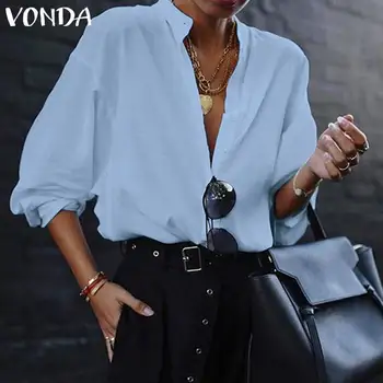 Primăvara Camasi Office Lady Bluza Eleganta Lantern Maneca V Adânc Gât Bluza VONDA Femei Topuri Si Bluze Plus Dimensiune Tricou Sexy