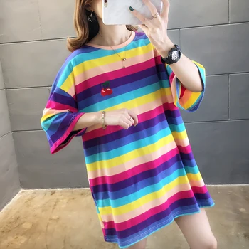 Nkandby de Mari Dimensiuni Rainbow Stripe Tricou Femei 2020 Casual de Vara Vrac Broderie Maneca Scurta Top Supradimensionat din Bumbac tricou Lung
