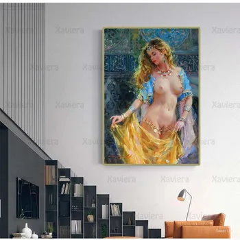 Nordic Retro Panza Pictura Nud Sexy Femeie De Artă Poster Galben Albastru Împletit Imagine Acasă Decorare Camera De Zi Murală Nici Un Cadru
