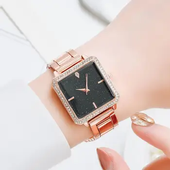 Ceas De Lux Pentru Femei Stras Cerul Înstelat De Aur A Crescut Moda Simplu Casual, Ceas Lady Pătrat Ceasuri Relogio Feminino