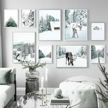 Peisaj De Iarnă Cu Zăpadă Pădure De Pini Case De Arta De Perete Panza Pictura Nordică Postere Si Printuri Poze De Perete Pentru Living Decorul Camerei
