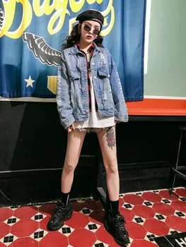 OUSHANG Liber Jacheta Denim Înapoi Caracter Scrisoare de Imprimare Stilul Punk Supradimensionat Haina Chic coreean vintage Jean Jacheta Femei Noi