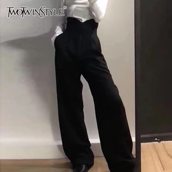 TWOTWINSTYLE Negru Mozaic cu Fermoar Pantaloni Pentru Femei Talie Mare Largi Picior Liber Casual Pantaloni de Moda de sex Feminin Haine Noi 2020