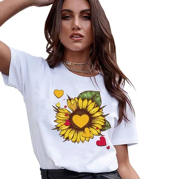 Coreean Floarea-soarelui, Inima Rosie si Inima Galben T-shirt Urban Casual Pierde Guler Rotund Imprimat Mâneci Scurte