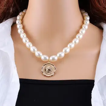 KMVEXO Moda Straturi de Perle Portret Monedă Pandantive Coliere Pentru Femei de Aur de Metal Lanț de Șarpe Colier Noi Bijuterii de Nunta Cadou