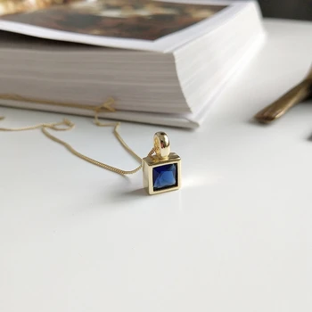 LouLeur argint 925 culoare albastru închis pătrat Zircon geometrie pandantiv colier de aur rafinat colier pentru femei bijuterii charms