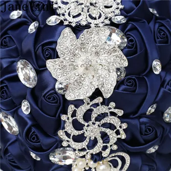 JaneVini 24cm Navy Royal Blue Buchet de Mireasa cu Cristale Bijuterii de Lux Pearl Diamant Satin Rose, Buchet de Mireasa Fleur Mariage