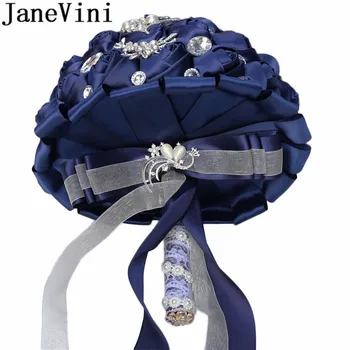 JaneVini 24cm Navy Royal Blue Buchet de Mireasa cu Cristale Bijuterii de Lux Pearl Diamant Satin Rose, Buchet de Mireasa Fleur Mariage