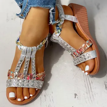 Karinluna Noi En-Gros Gladiator Tocuri Pană Banda Elastica Cristale De Vară Pentru Femei Pantofi Pentru Femeie Sandale De Agrement Sandale De Plaja
