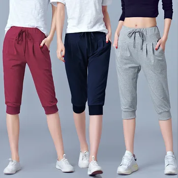Женские брюки-капри KJMYYX повседневные укороченные штаны-шаровары большого размера, летние спортивные брюки для бега, серые, р