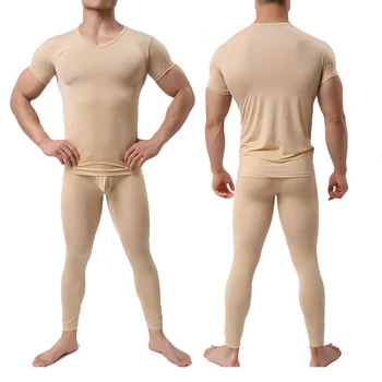 WOXUAN Barbati Maieu Pantaloni Set Ultra-subțire Spandex Termică Somn Lenjerie Shirt și Pantaloni Set