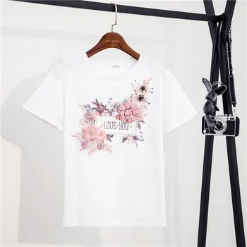 Flori, mărgele, paiete vara kawaii haine roz alb negru grafic tricouri femei harajuku topuri drăguț tricou tricouri femei c26