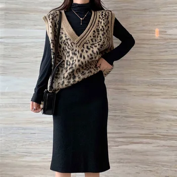 Femei Pulover Vesta Leopard Vesta Tricotate 2019 Toamna Bază Pulovere Imprimate Fără Mâneci Topuri Doamnelor V Gât Relaxa Haine