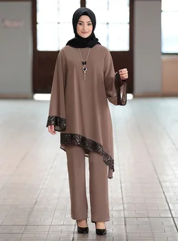 2 Bucata Set Femeile Musulmane KALENMOS Șifon Bluza Pantaloni Largi Picior Asimetrie Abaya Caftan Ramadan Eid Turcia Costume de Haine Islamice