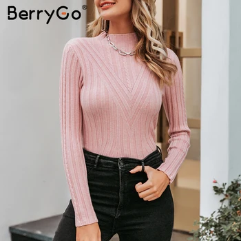 BerryGo femei Guler elastic tricotate pulover pulover Elegant slim se potrivesc de sex feminin de bază pulover Toamna iarna doamnelor jumper 2019