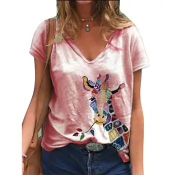 футболка femeie tricouri Casual V Gatului Maneca Scurta desen Animat Girafa Imprimare tricou Vrac Top одежда для женщины лето tricou ete